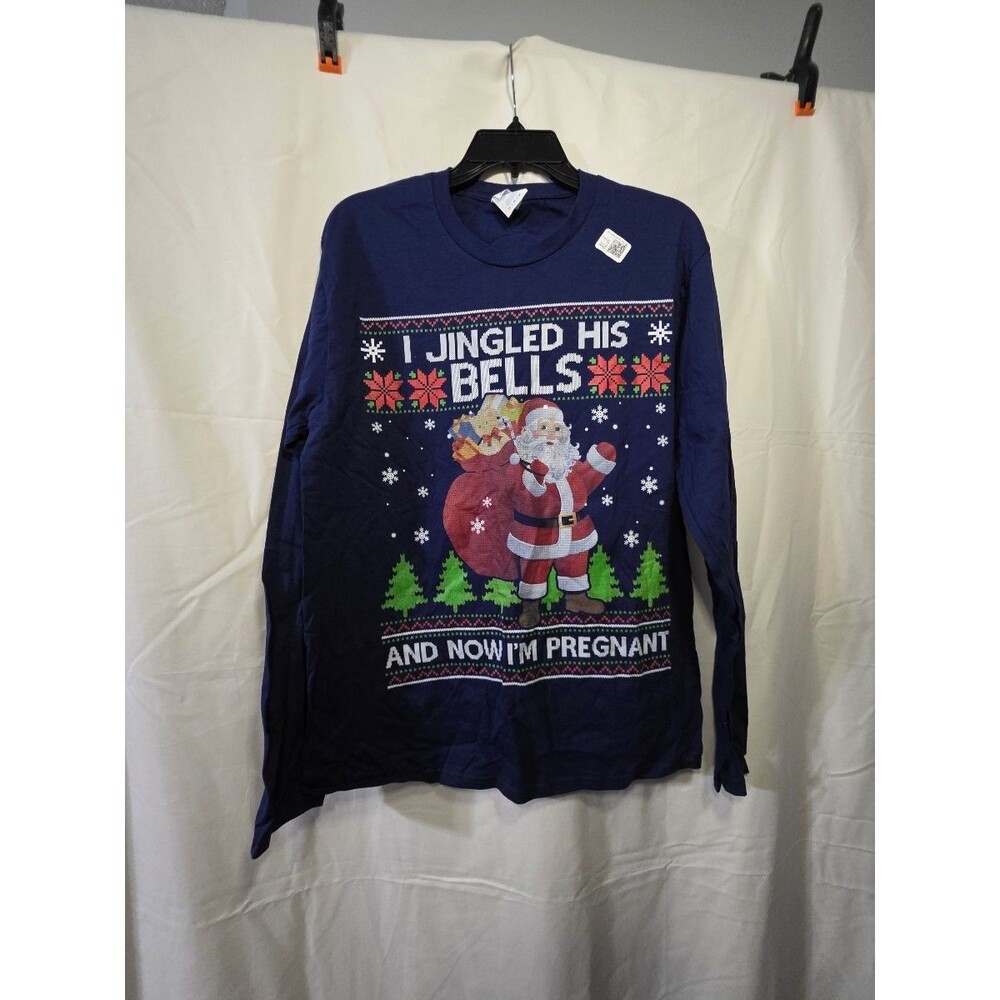 Women's Navy Long Sleeve Christmas T-Shirt I JINGLED HIS BELLS M